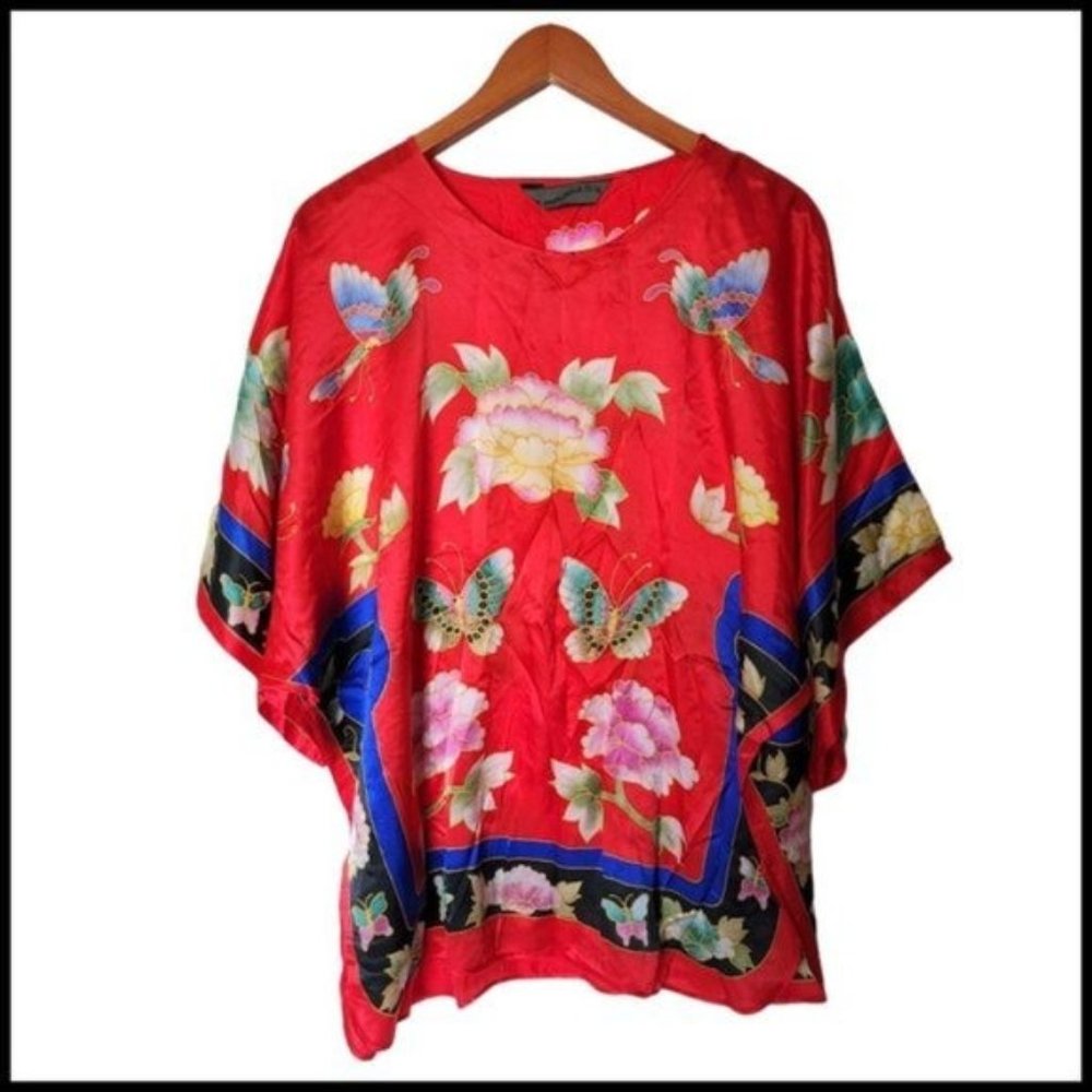 Handpaintsilk 100% silk Tunic Top Blouse Red Floral‎ Butterfly